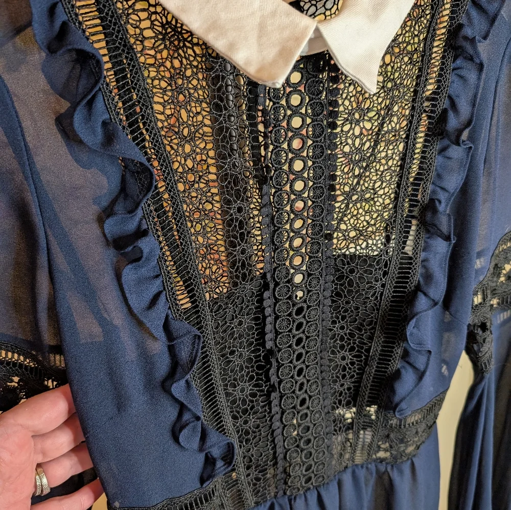 Self Portrait London Georgette And Guipure Lace Blouse Navy Size 4 - Picture 4 of 9